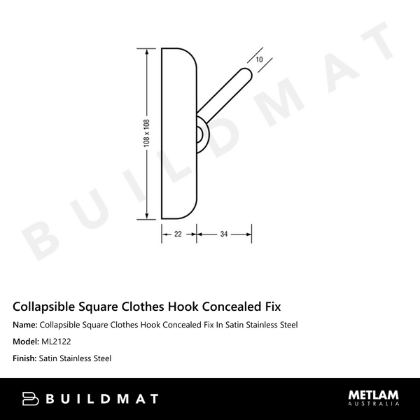 Metlam Collapsible Square Clothes Hook Concealed Fix In Satin Stainless Steel