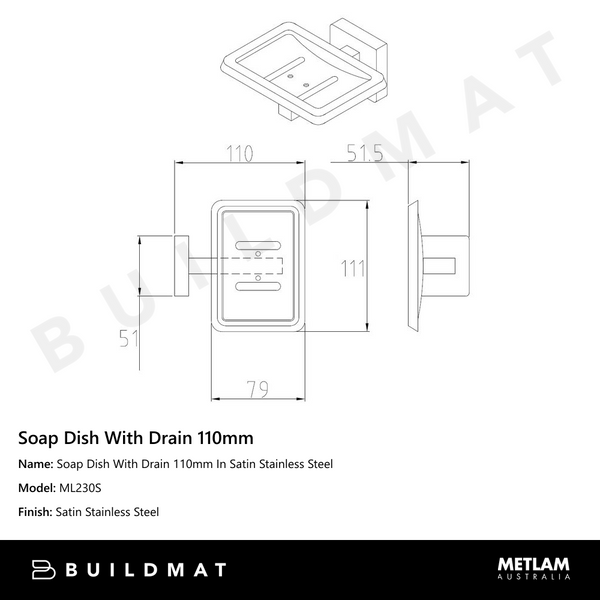 Metlam Soap Dish With Drain 110mm In Satin Stainless Steel
