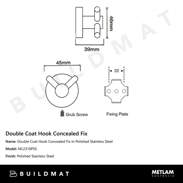 Metlam Double Coat Hook Concealed Fix In Polished Stainless Steel
