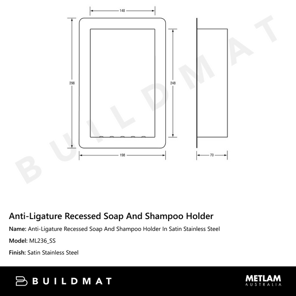 Metlam Anti-Ligature Recessed Soap And Shampoo Holder In Satin Stainless Steel