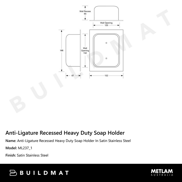 Metlam Anti-Ligature Recessed Heavy Duty Soap Holder In Satin Stainless Steel