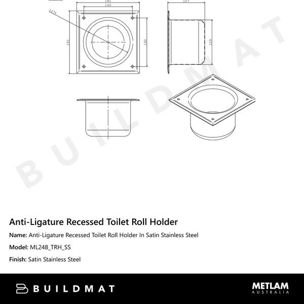 Metlam Anti-Ligature Recessed Toilet Roll Holder In Satin Stainless Steel