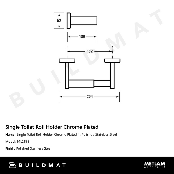 Metlam Single Toilet Roll Holder Chrome Plated In Polished Stainless Steel