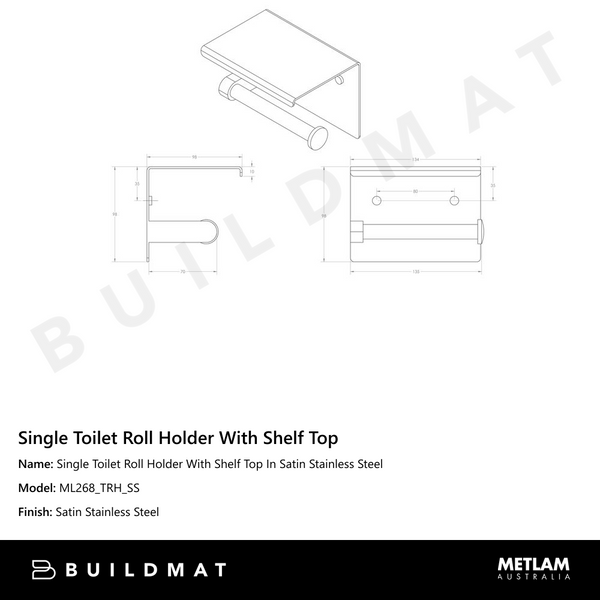 Metlam Single Toilet Roll Holder With Shelf Top In Satin Stainless Steel