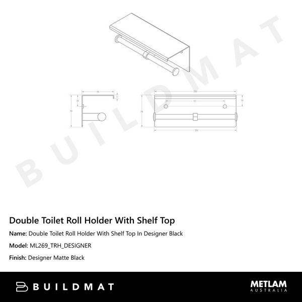 Metlam Double Toilet Roll Holder With Shelf Top In Designer Black