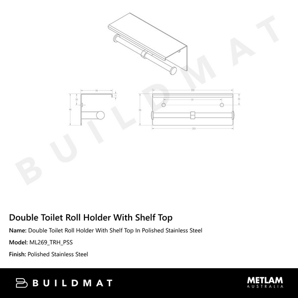 Metlam Double Toilet Roll Holder With Shelf Top In Polished Stainless Steel