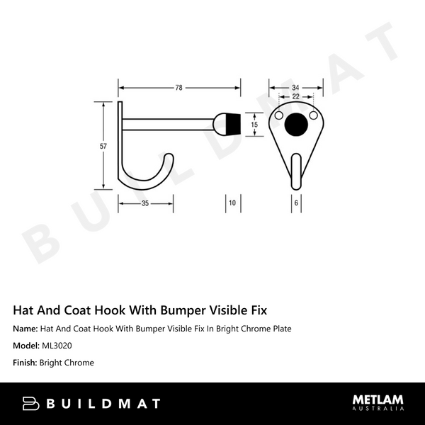 Metlam Hat And Coat Hook With Bumper Visible Fix In Bright Chrome Plate