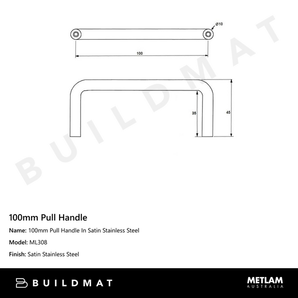 Metlam 100mm Pull Handle In Satin Stainless Steel