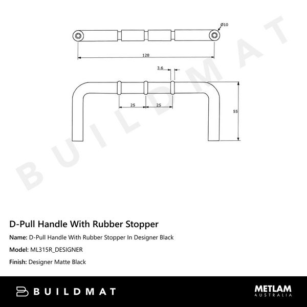 Metlam D-Pull Handle With Rubber Stopper In Designer Black