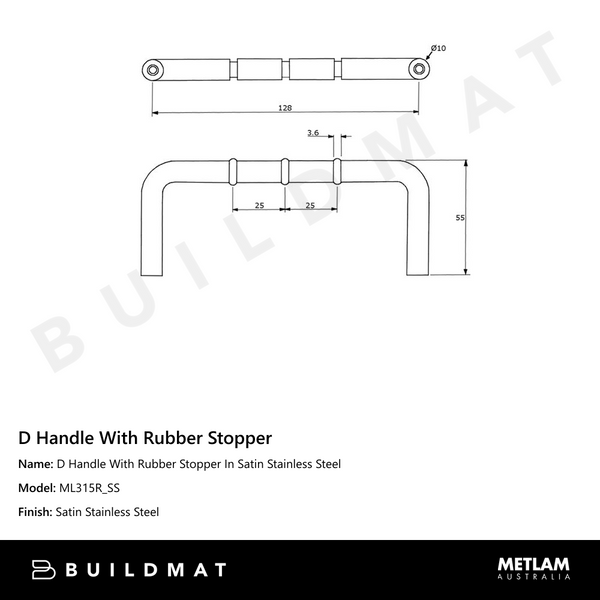 Metlam D Handle With Rubber Stopper In Satin Stainless Steel
