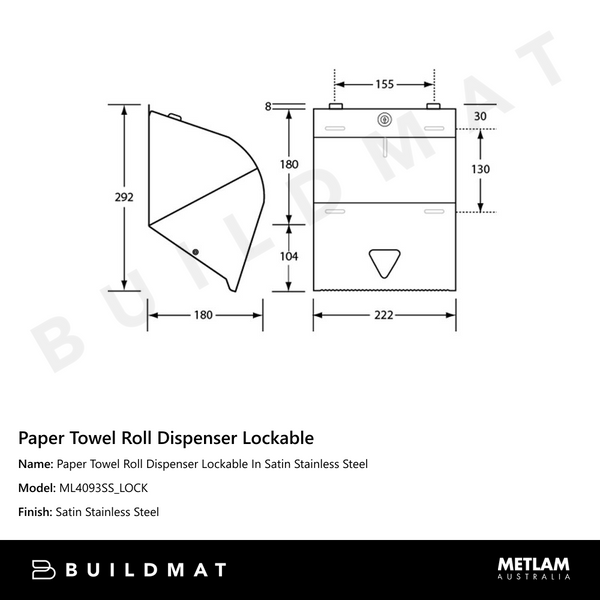 Metlam Paper Towel Roll Dispenser Lockable In Satin Stainless Steel