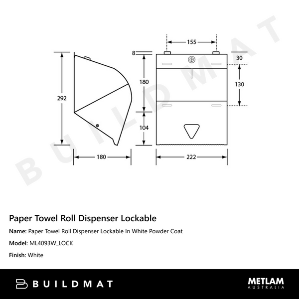 Metlam Paper Towel Roll Dispenser Lockable In White Powder Coat