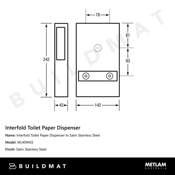 Metlam Interfold Toilet Paper Dispenser In Satin Stainless Steel