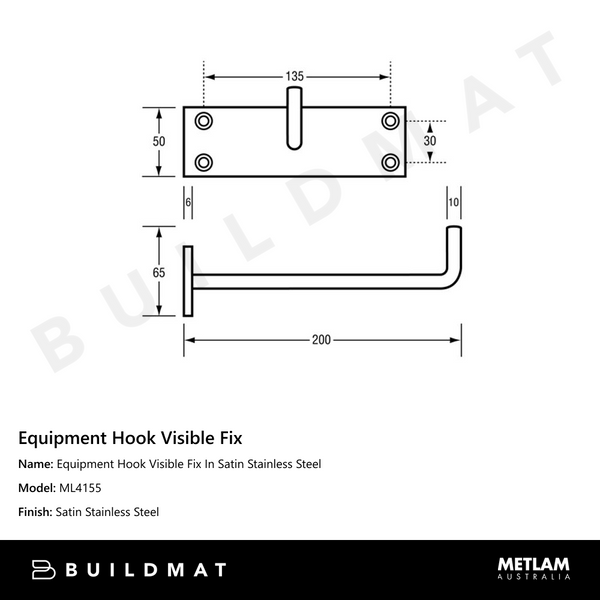 Metlam Equipment Hook Visible Fix In Satin Stainless Steel