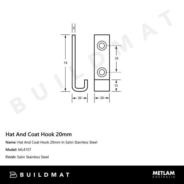 Metlam Hat And Coat Hook 20mm In Satin Stainless Steel