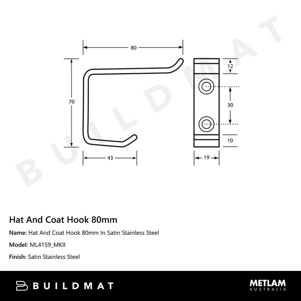 Metlam Hat And Coat Hook 80mm In Satin Stainless Steel