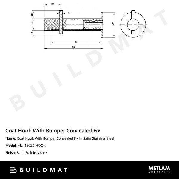 Metlam Coat Hook With Bumper Concealed Fix In Satin Stainless Steel