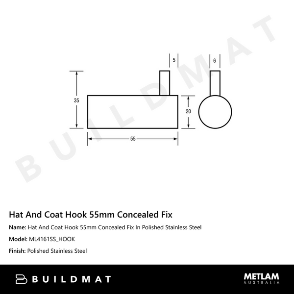 Metlam Hat And Coat Hook 55mm Concealed Fix In Polished Stainless Steel