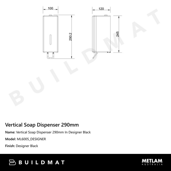 Metlam Vertical Soap Dispenser 290mm In Designer Black
