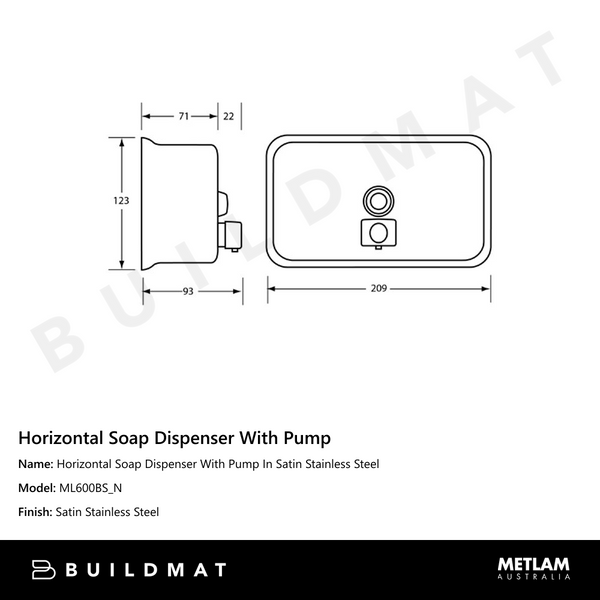 Metlam Horizontal Soap Dispenser With Pump In Satin Stainless Steel