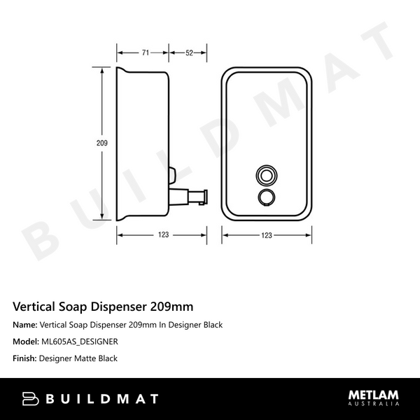Metlam Vertical Soap Dispenser 209mm In Designer Black