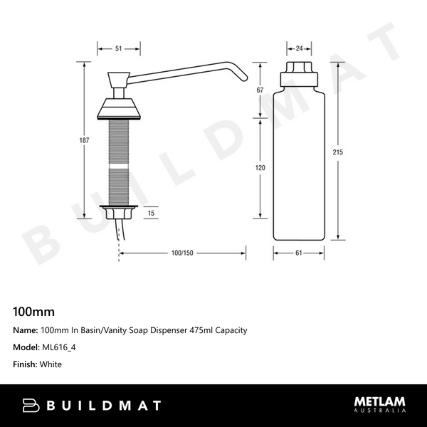Metlam 100mm In Basin/Vanity Soap Dispenser 475ml Capacity