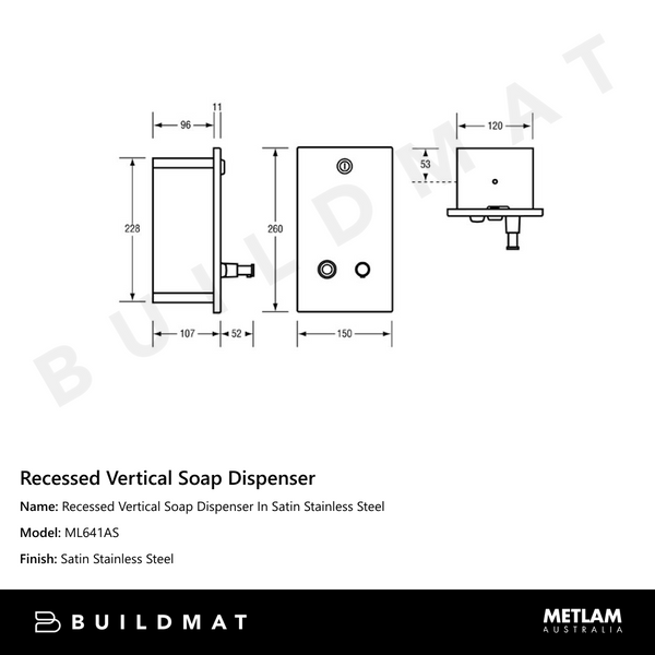 Metlam Recessed Vertical Soap Dispenser In Satin Stainless Steel