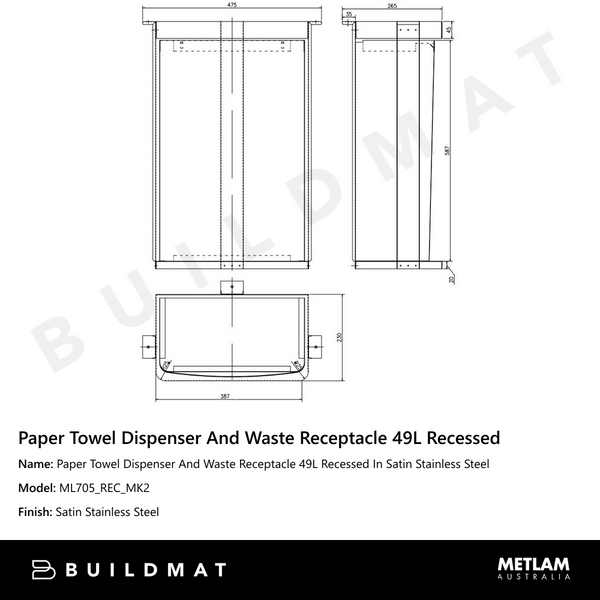 Metlam Paper Towel Dispenser And Waste Receptacle 49L Recessed In Satin Stainless Steel