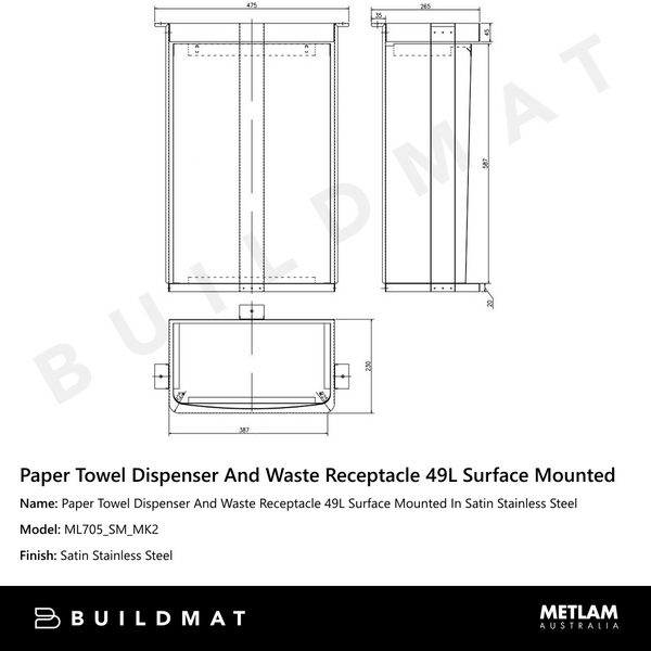Metlam Paper Towel Dispenser And Waste Receptacle 49L Surface Mounted In Satin Stainless Steel