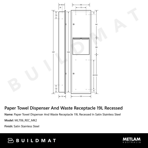 Metlam Paper Towel Dispenser And Waste Receptacle 19L Recessed In Satin Stainless Steel