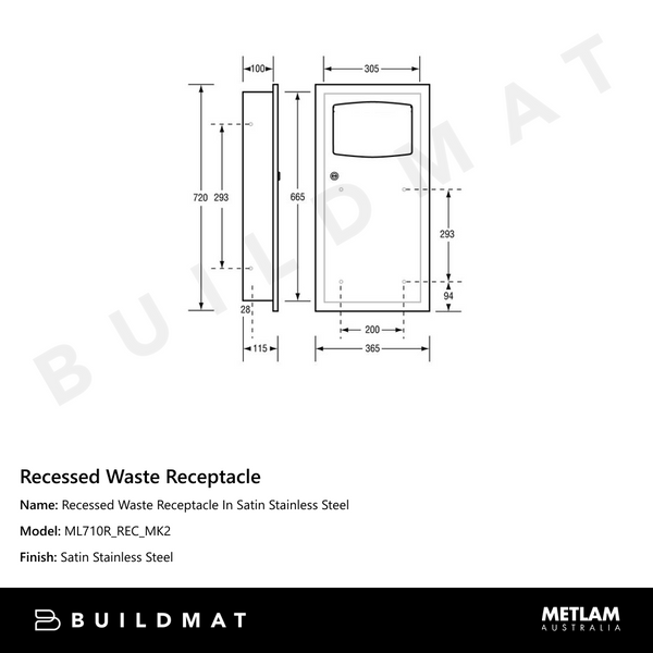 Metlam Recessed Waste Receptacle In Satin Stainless Steel