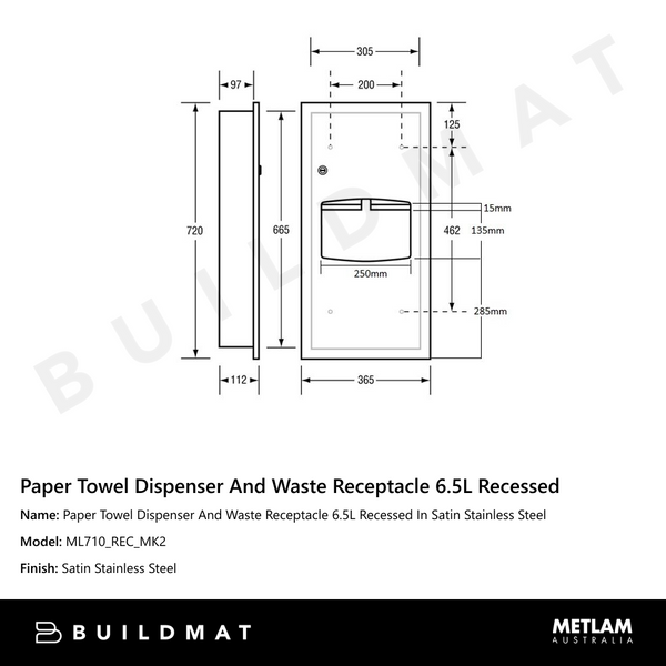 Metlam Paper Towel Dispenser And Waste Receptacle 6.5L Recessed In Satin Stainless Steel