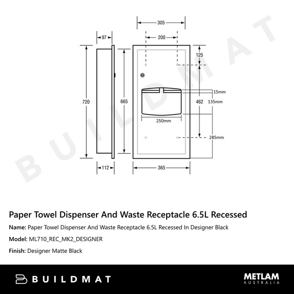 Metlam Paper Towel Dispenser And Waste Receptacle 6.5L Recessed In Designer Black
