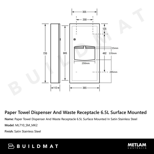 Metlam Paper Towel Dispenser And Waste Receptacle 6.5L Surface Mounted In Satin Stainless Steel