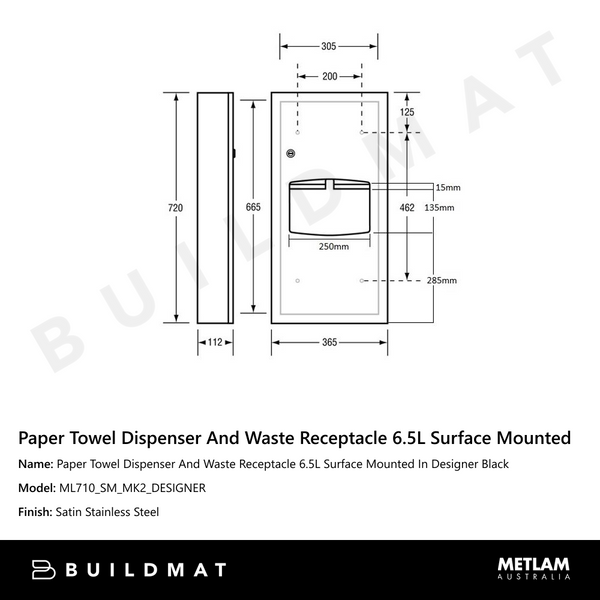 Metlam Paper Towel Dispenser And Waste Receptacle 6.5L Surface Mounted In Designer Black