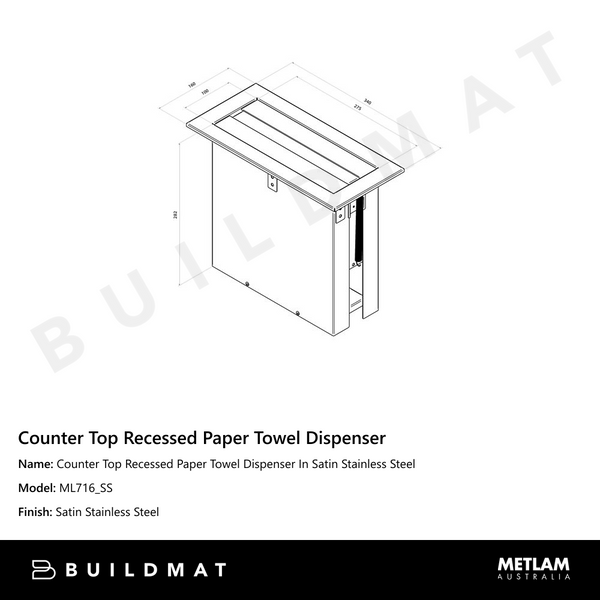 Metlam Counter Top Recessed Paper Towel Dispenser In Satin Stainless Steel