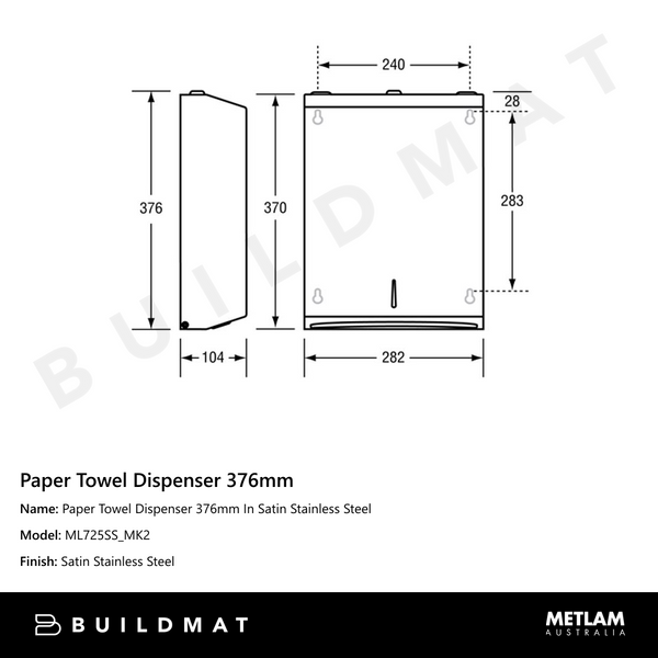 Metlam Paper Towel Dispenser 376mm In Satin Stainless Steel