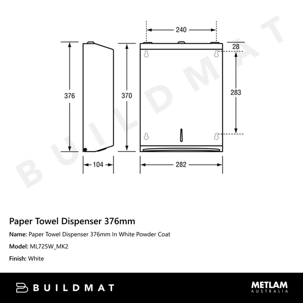 Metlam Paper Towel Dispenser 376mm In White Powder Coat