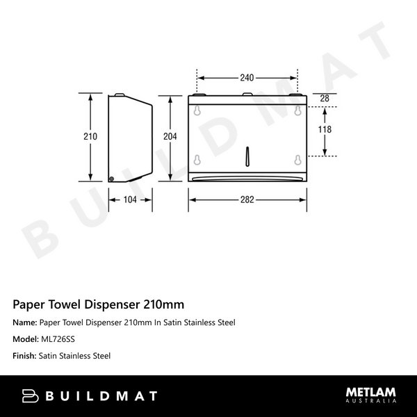 Metlam Paper Towel Dispenser 210mm In Satin Stainless Steel