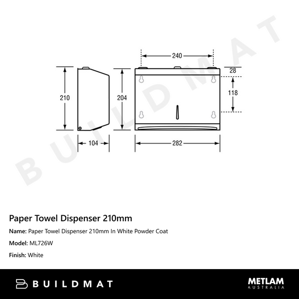 Metlam Paper Towel Dispenser 210mm In White Powder Coat