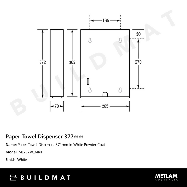 Metlam Paper Towel Dispenser 372mm In White Powder Coat