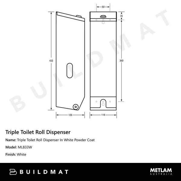 Metlam Triple Toilet Roll Dispenser In White Powder Coat