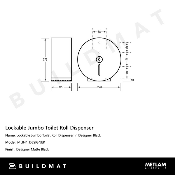 Metlam Lockable Jumbo Toilet Roll Dispenser In Designer Black