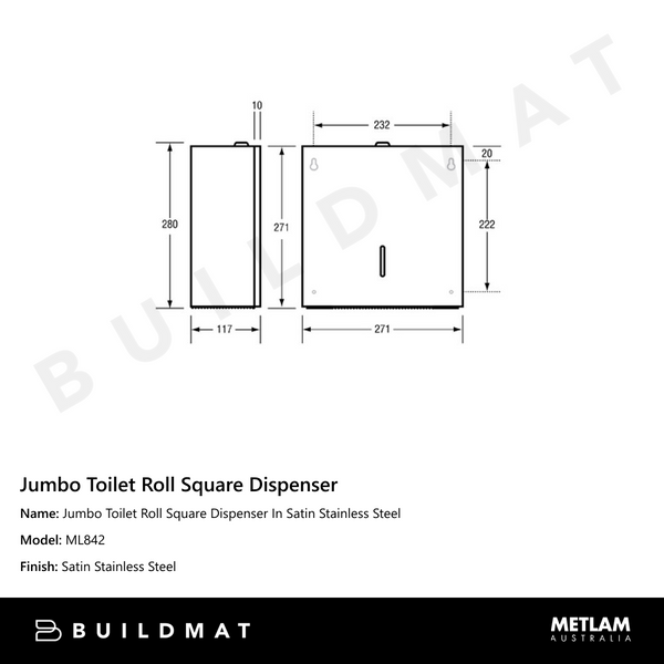 Metlam Jumbo Toilet Roll Square Dispenser In Satin Stainless Steel