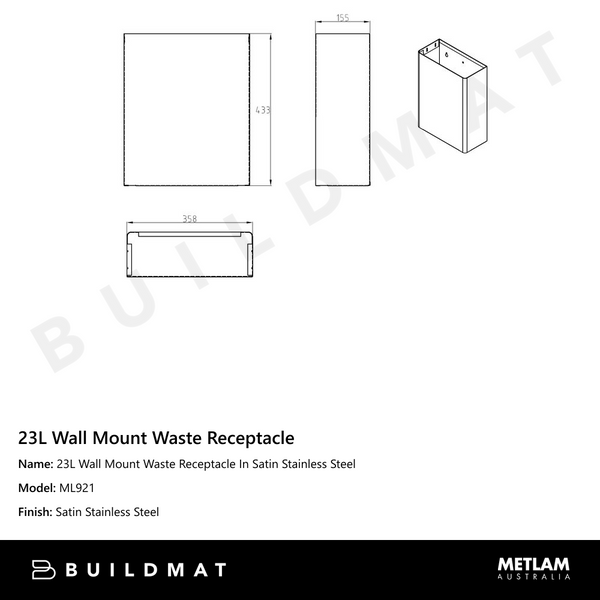 Metlam 23L Wall Mount Waste Receptacle In Satin Stainless Steel