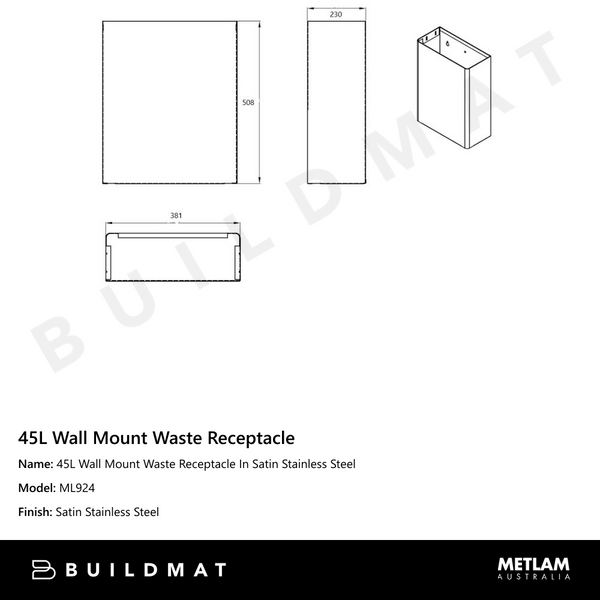 Metlam 45L Wall Mount Waste Receptacle In Satin Stainless Steel