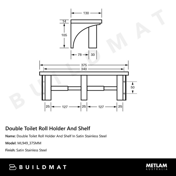 Metlam Double Toilet Roll Holder And Shelf In Satin Stainless Steel