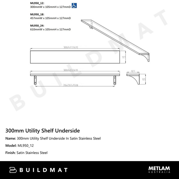 Metlam 300mm Utility Shelf Underside In Satin Stainless Steel