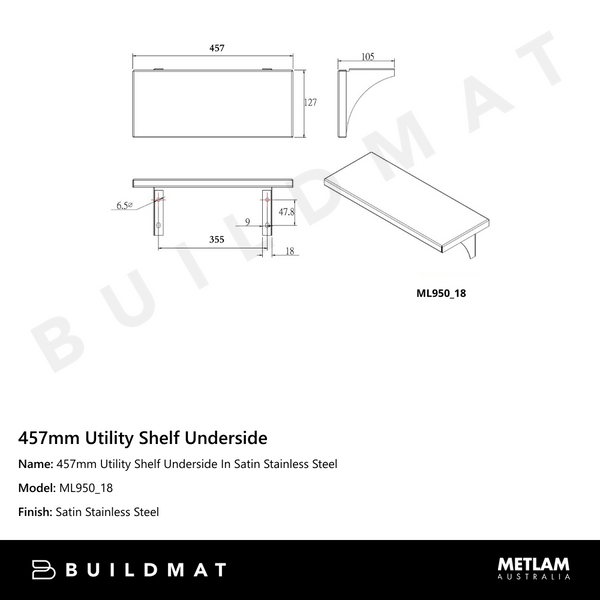 Metlam 457mm Utility Shelf Underside In Satin Stainless Steel