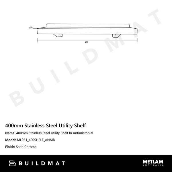 Metlam 400mm Stainless Steel Utility Shelf In Antimicrobial